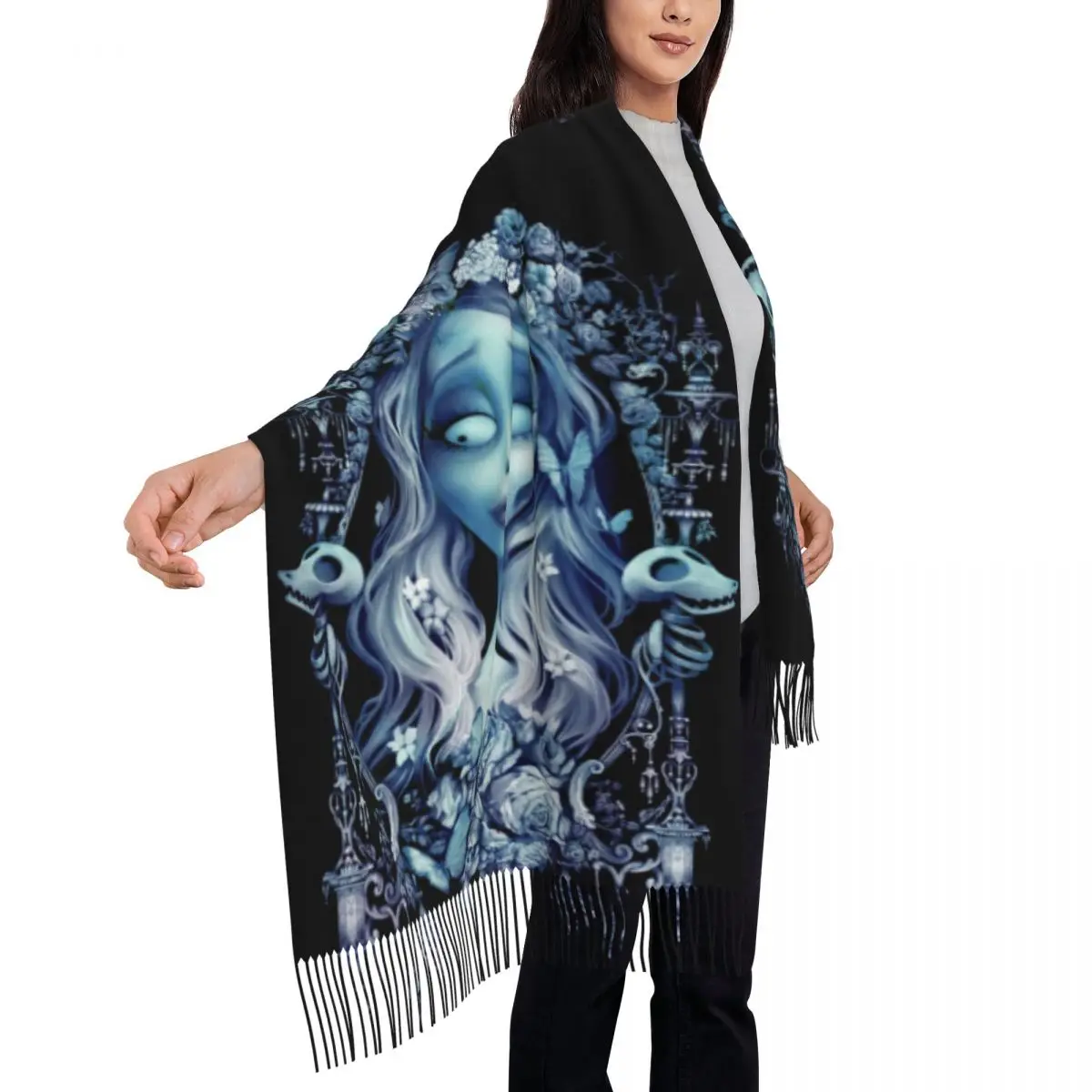 Wedding In The Night Corpse Bride Scarf Wrap for Women Long Winter Warm Tassel Shawl Ghost Film Tim Burton Skeleton Scarves