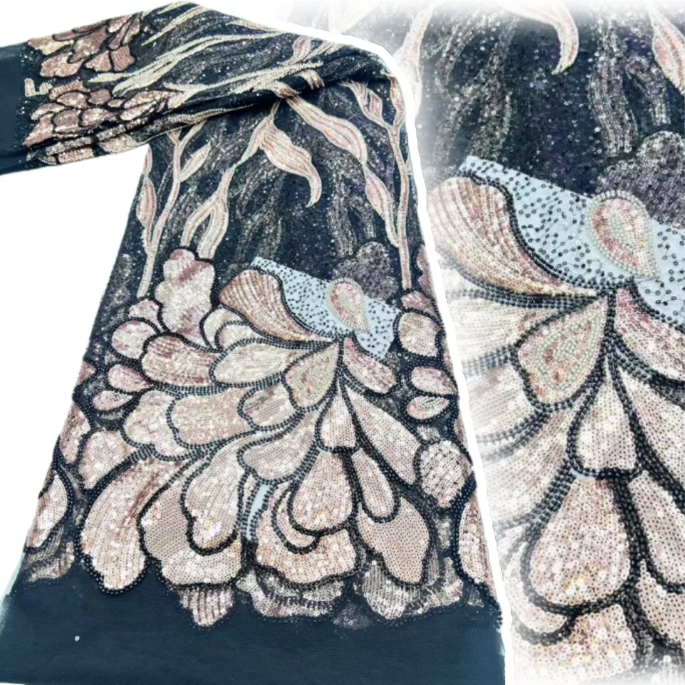 

2026 HIgh Quality French Flocking Lace Fabric With Sequins African Lace Fabric Niegrian Embroidered Tulle Lace for Dress 2140