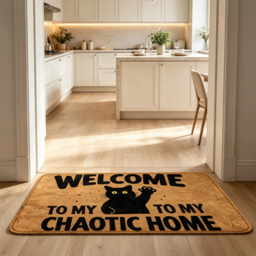Brown Gun Black Cat Mat, Black Cat Paw Slogan Mat, Wood Grain Cat Runner, Graffiti Black Cat Door Mat.