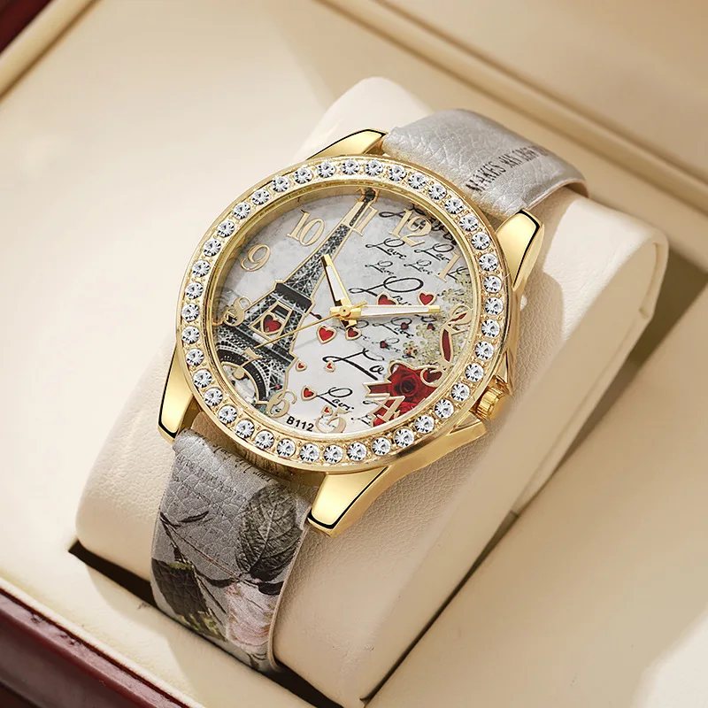 ساعة نسائية بحزام مطبوع على شكل برج باريس ساعة كوارتز رقمية ماسية #1