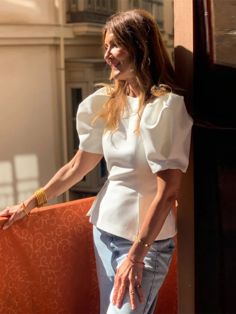 

Solid Cropped T-shirt Women Elegant Round Neck Puff Short Sleeve Waist-cinching Slim Blouse 2026 Spring Lady Daily Street Tops