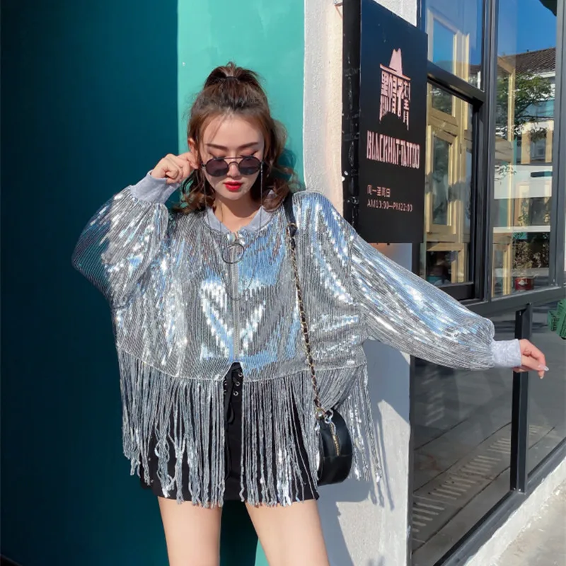 Hip Hop Jazz Dance Fringe Short Coat Glitter Sequins Tassel Loose Jacket Women Dancer Team Street Dance Performance Clothes