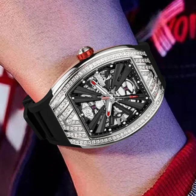 Карнавальные мужские автоматические часы 43 мм Tonneau, механические наручные часы, светящиеся, 5 атм, водонепроницаемые, с цирконовым безелем, скелетонизированный циферблат Карнавальные мужские автоматические часы 43 мм Tonneau, механические наручные часы, светящиеся, 5 атм, водонепроницаемые, с цирконовым безелем, скелетонизированный циферблат