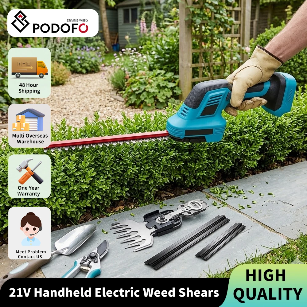Podofo Cortasetos Inalámbrico 2 en 1, 21V, Tijeras Eléctricas Portátiles para Maleza con Doble Bloqueo de Seguridad, Herramienta para Jardín