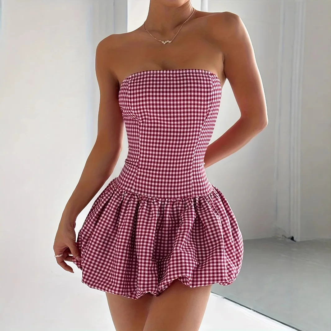 夏カットアウトレイヤード裾セクシーなドレス女性のためのストラップレスノースリーブオフショルダーハイウエストチェック柄ミニドレス女性服