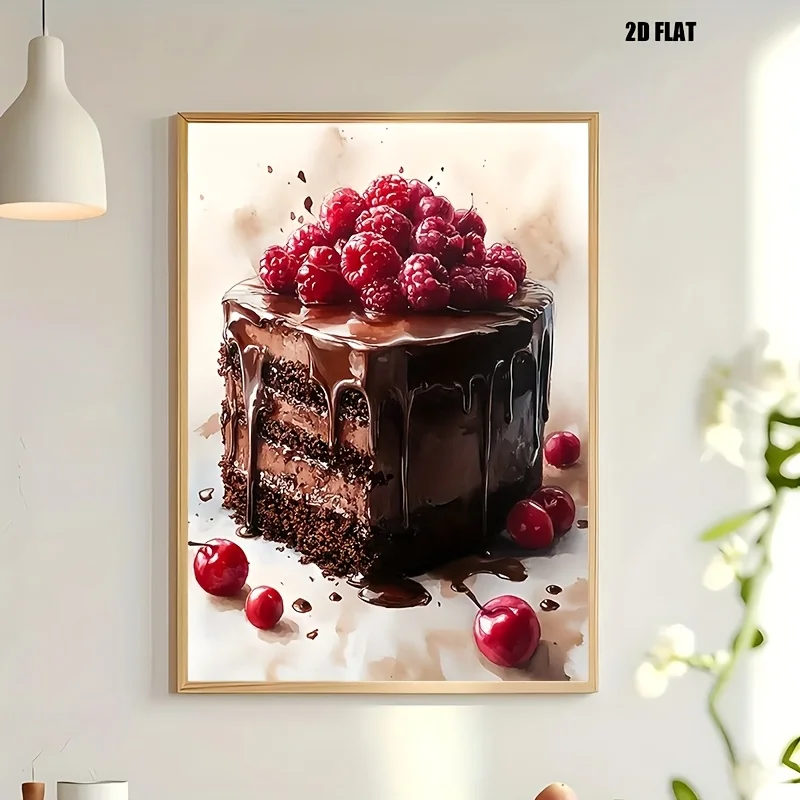 2D Flat, 2D Flat, 2D Flat 2D Plane 1pc Frameless Chocolate Cake Wall Art Poster - Realistic Raspberry Dessert Painting with D