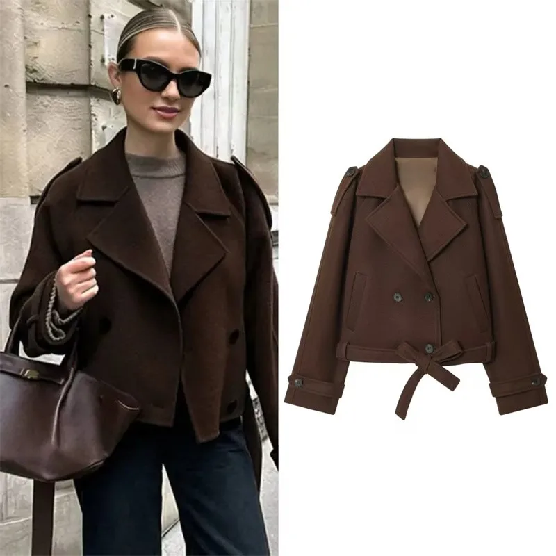 

Двубортное шерстяное пальто, офисная женская короткая куртка с лацканами в стиле ретро, свободное однотонное осенне-зимнее пальто, женская одежда