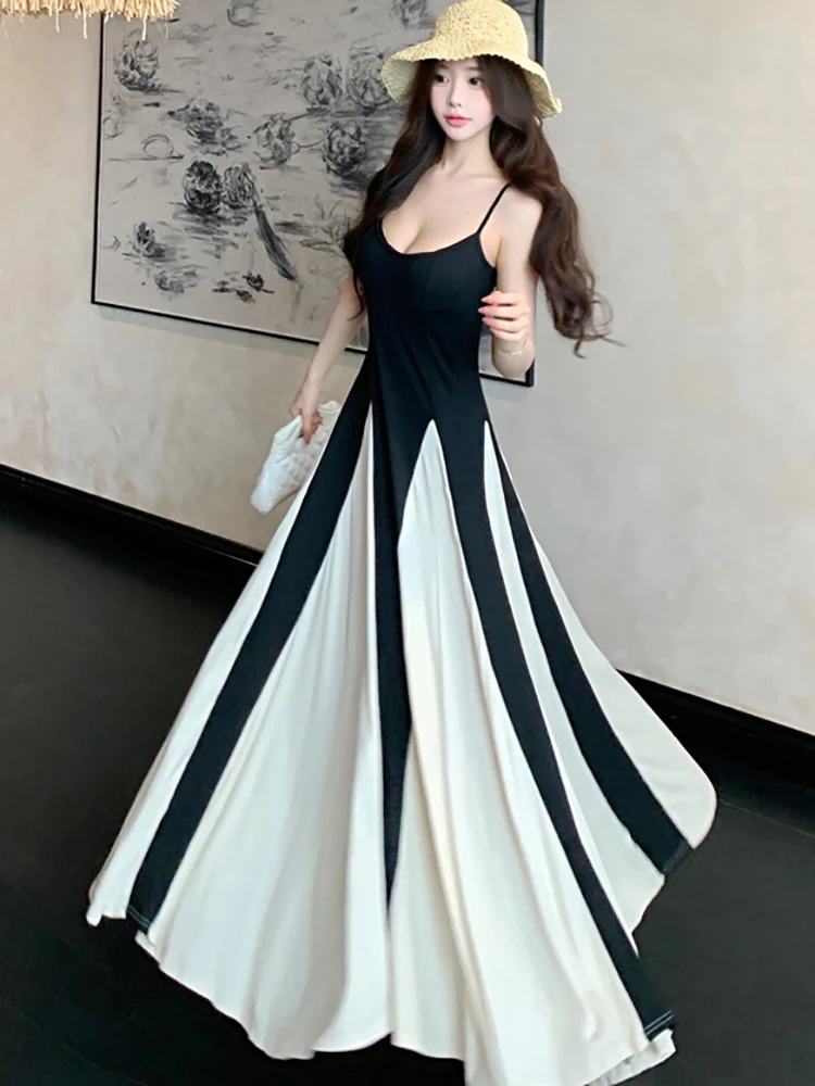 Feminino coreano vintage hepburn luxo vestido longo verão preto retalhos branco babados vestido 2025 elegante bodycon sexy estilingue vestido
