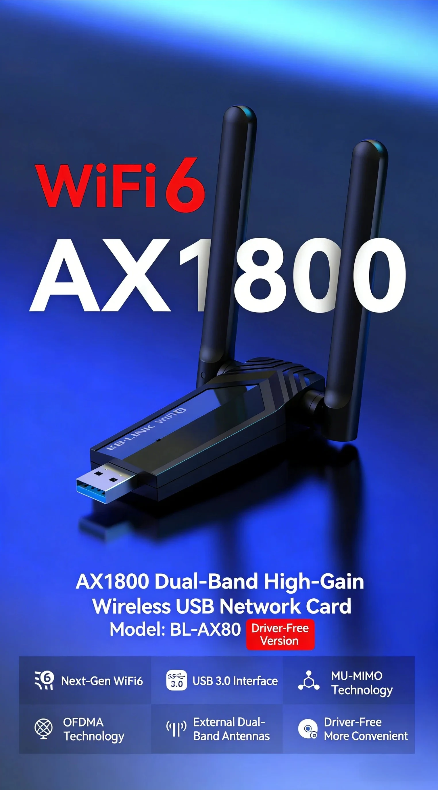 AX80 WiFi 6 Wireless Network Card 1800M Gigabit Dual Band 2.4G/5G Driver-Free USB WiFi Adapter for Desktop Laptop PC