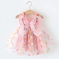 New Summer Girl Princess Party Birthday Dress with Hanging Strap Embroidered Butterfly Mesh Dress 0-4 Year Old Baby Girl Walking