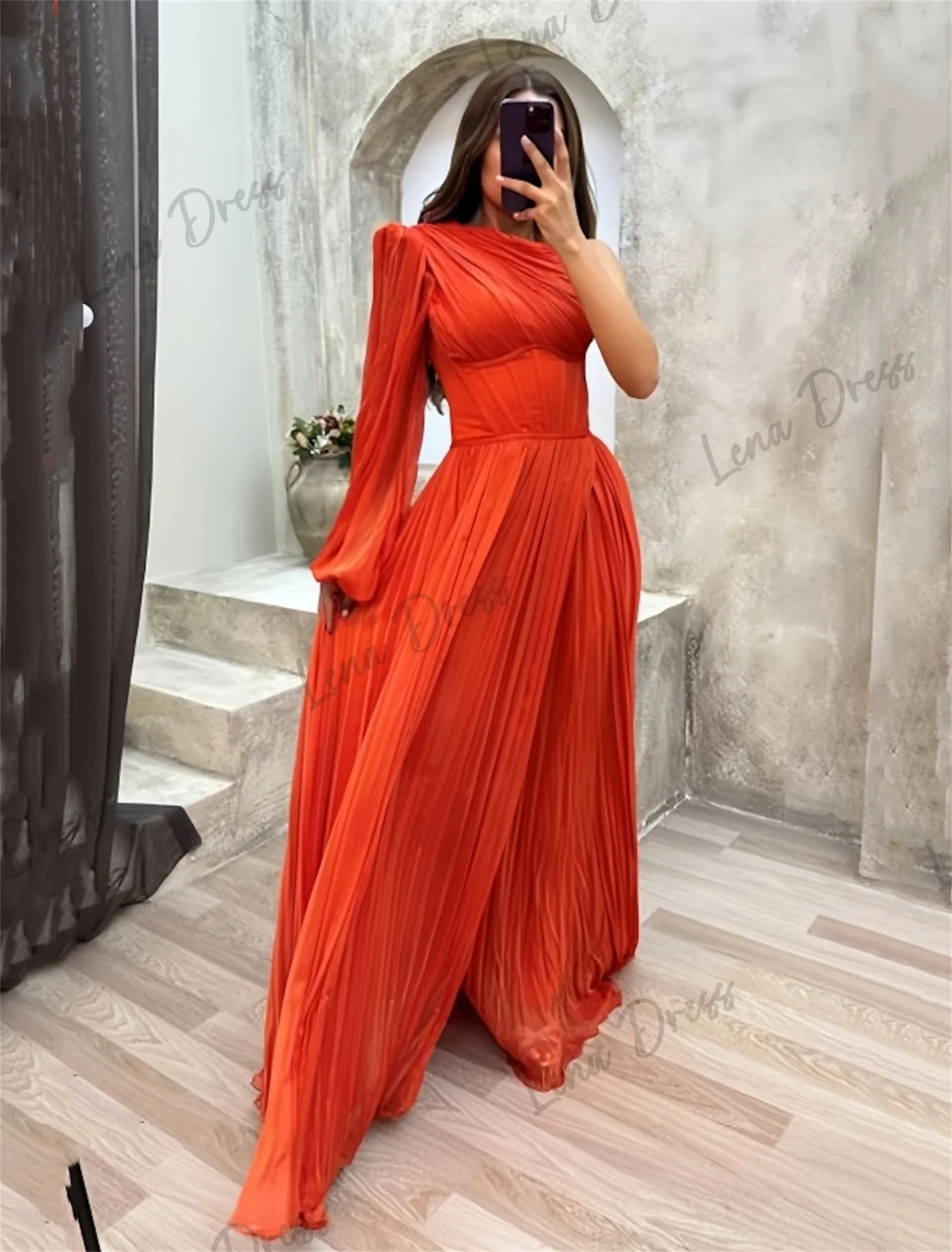 2024 Women\'s Wedding Guest Dress Elegant Yellow Evening Dress Luxury Chiffon One Shoulder Full Sleeve Long Style Suitable for