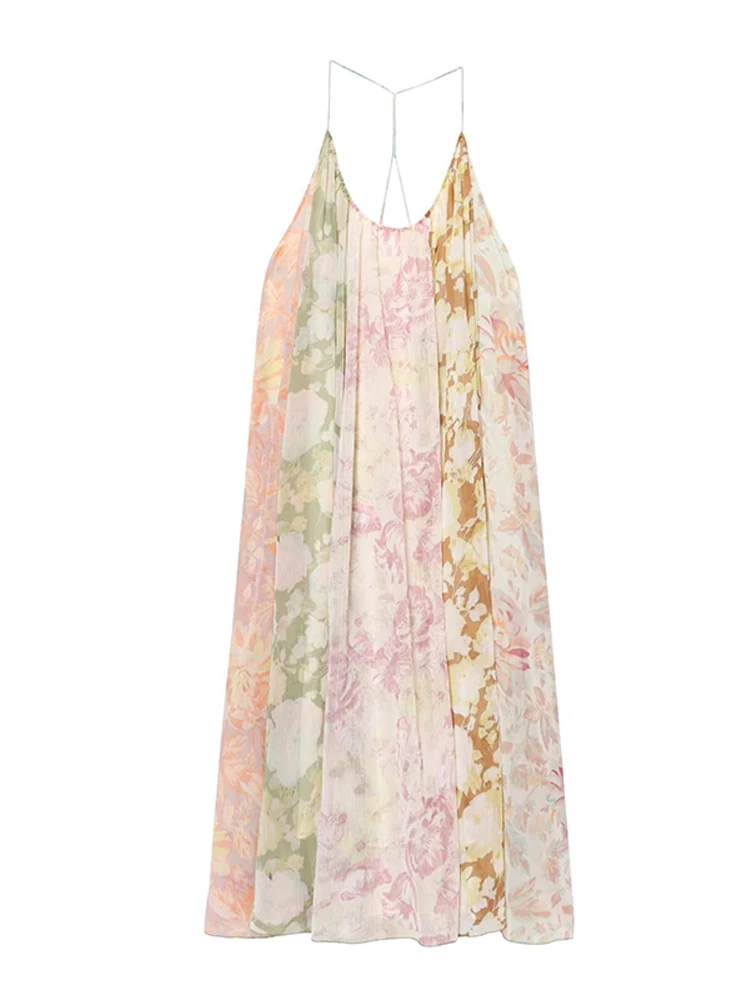 Printed Sexy Backless Loose Long Dress Women Pleated Halter Sleeveless  Hollow Out Chic Vacation Dresses 2025 Summer Party Robe