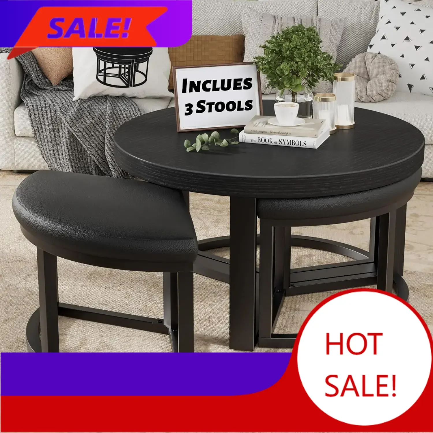 

BestsellerRound Coffee Table with Stools Underneath - 30 Inch Small Modern Tables Set with 3 Chairs Ottomans Seating Seats Black