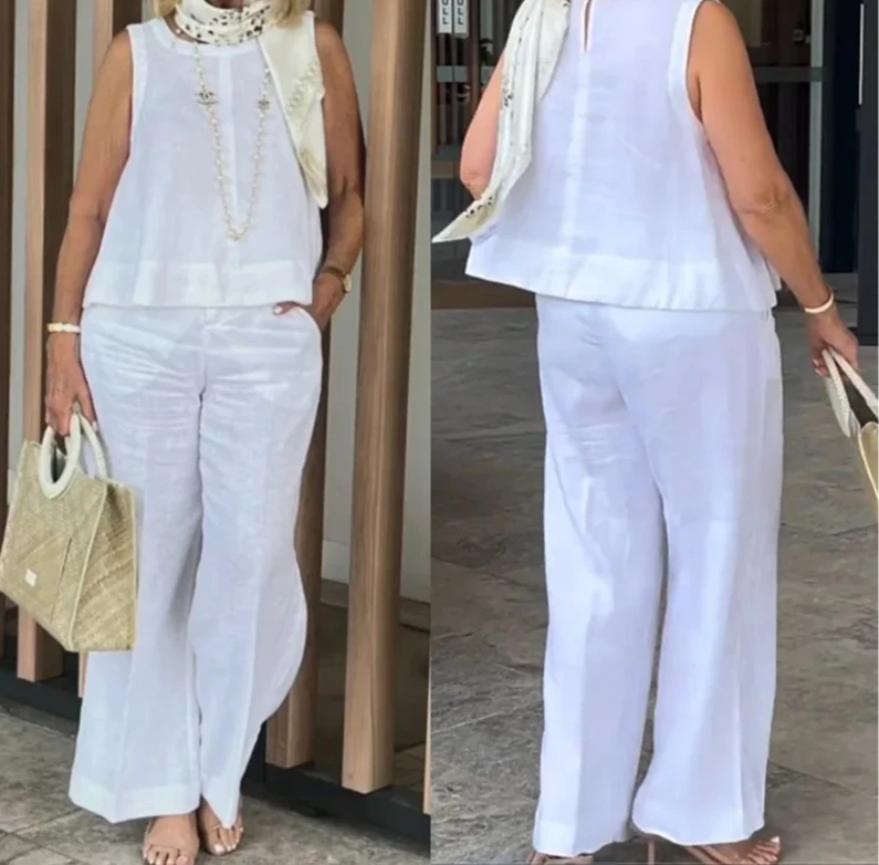 

Хлопково-льняные удобные комплекты из двух предметов, женская одежда, лето-осень, однотонные повседневные топы и брюки, комплект из 2 предметов для женского костюма