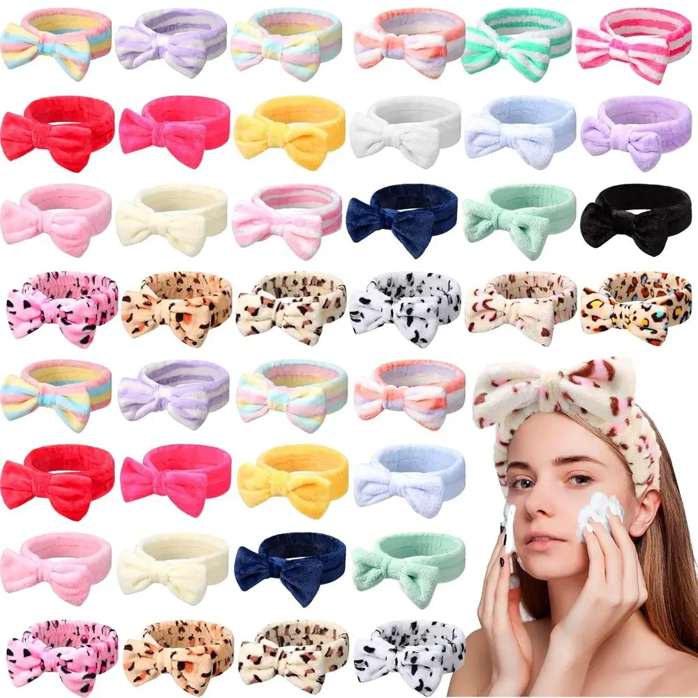 48 Pack Fluffy Bow Headbands for Women & Girls - Cute Patterned Hair Bands for Spa, Makeup, Sleepovers, and Parties