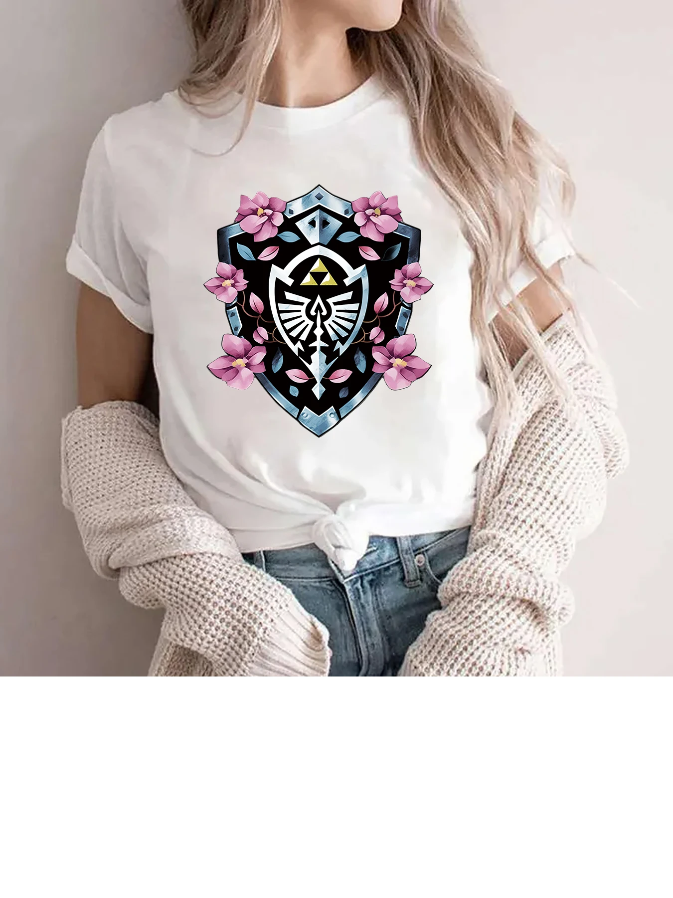 Legend Of Zelda Tri Force Floral Shield Print Fun Short Sleeve Casual Fashion Women Pattern T-Shirt Women's Summer Print T-Shirt