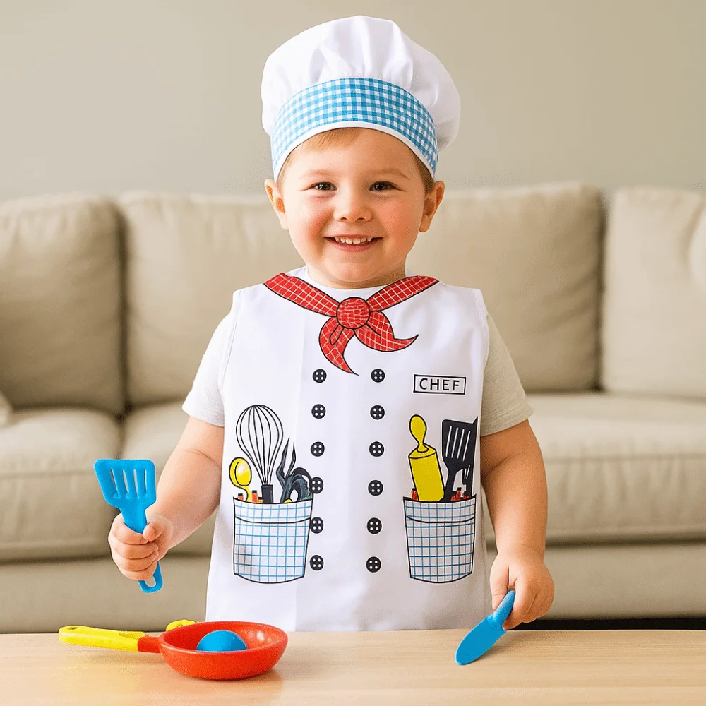 Creative Cartoon Pattern Chef Uniform with Cap Cosplay Kitchen Suit Role Play White Cooking Clothes Pretend Play