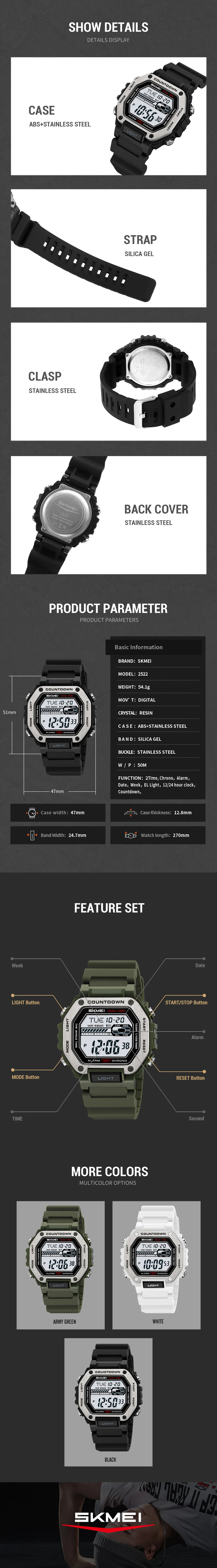 SKMEI 2522 Neue Digitale Countdown-Sportuhr für Männer LED Chrono Militäruhr Wasserdichte Herren-Armbanduhr Wecker Montre Homme – Detail 4