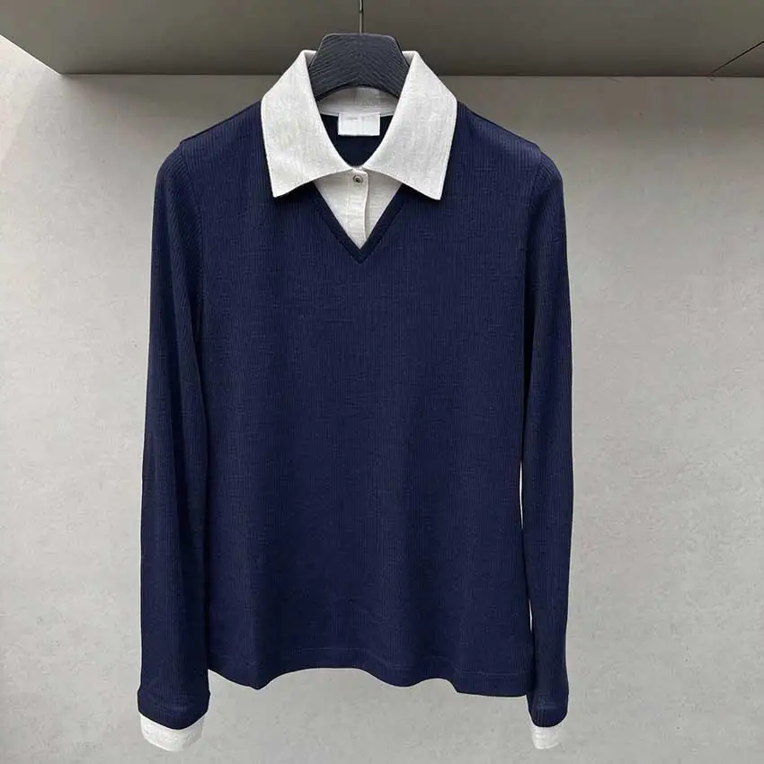 New Ladies Golf Rib Collar Striped Base Top Autumn Stretchy Collared Long Sleeve Casual Golf Shirt