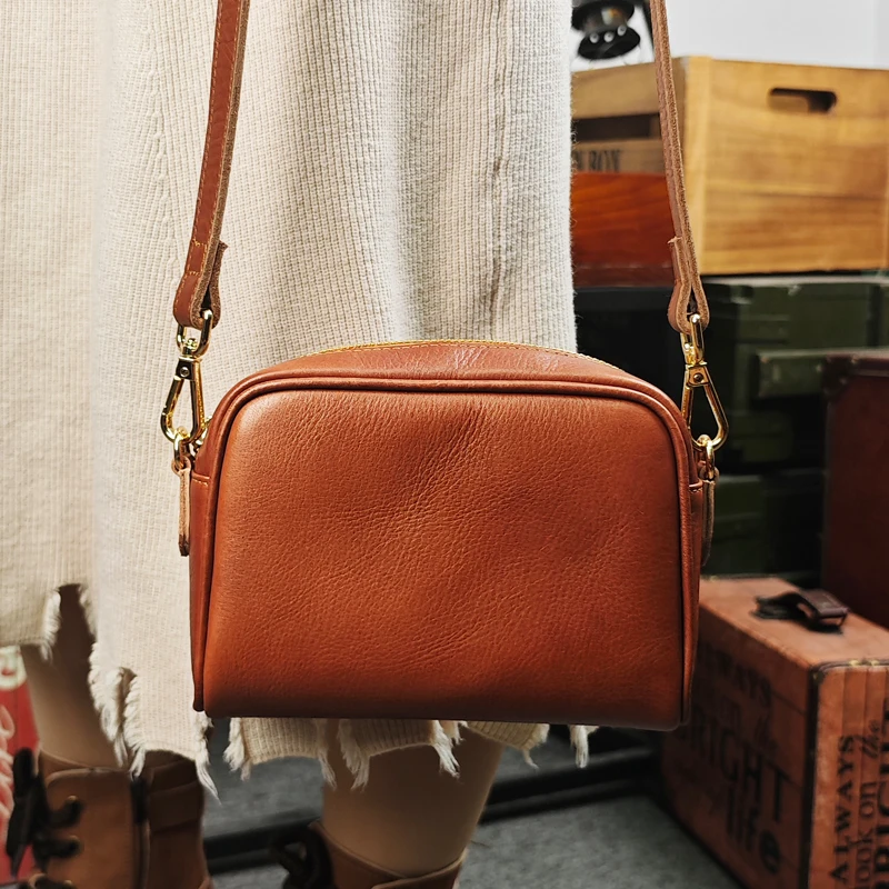 

New Genuine Leather Small Square Bag Natural Leather Shoulder Strap Crazy Horse Leather Small Bag Single Shoulder Crossbody Bag