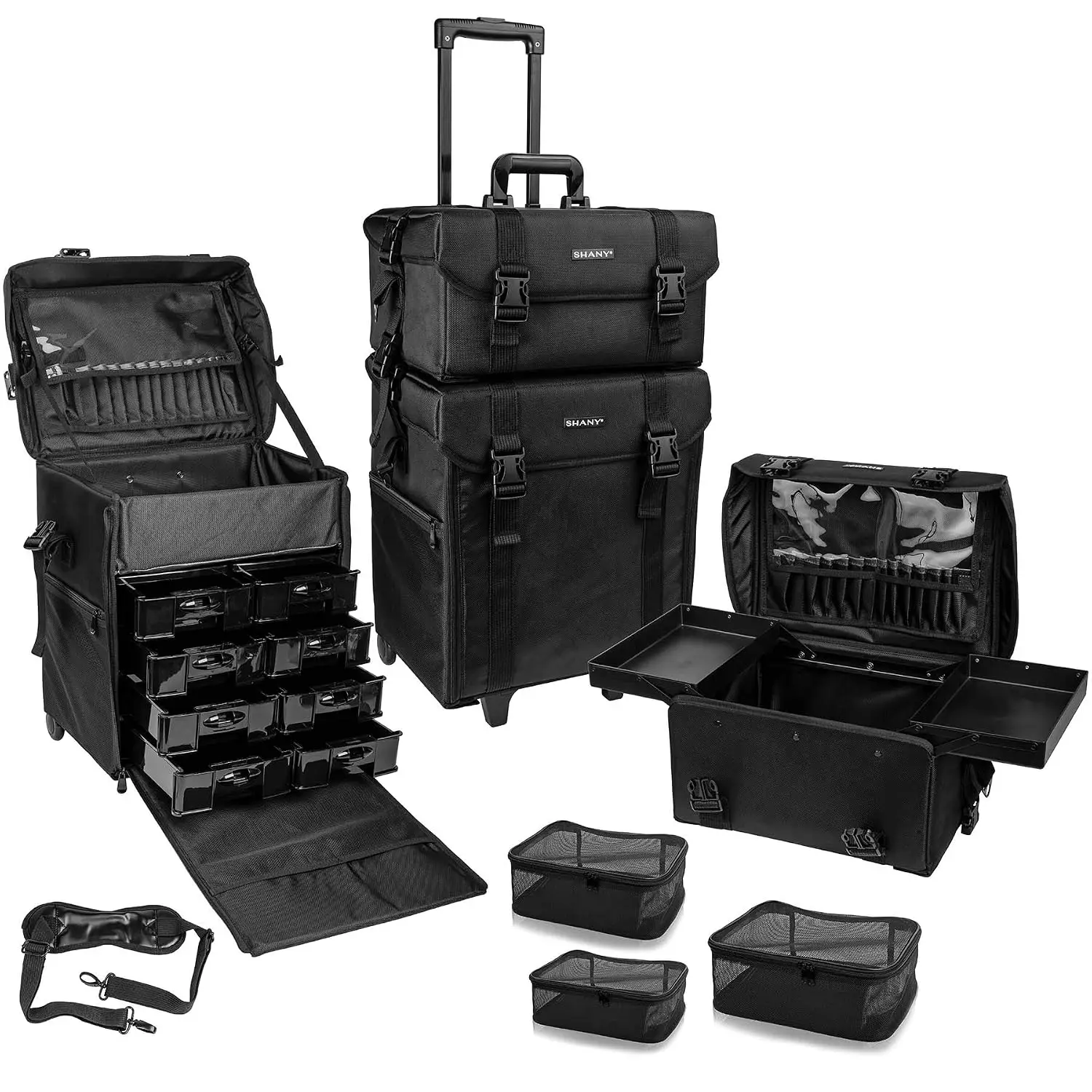 Makeup Artist Soft Rolling Trolley Cosmetics Case Travel Bag Beauty Organizer Drawer Bins Tsa Mesh Organizers Jet Black