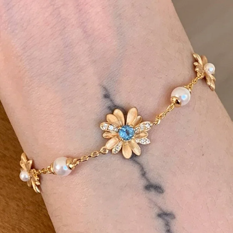 

Vintage New in Paraiba Blue Diamond Daisy Bracelets for women Necklace Light luxury and elegance Pearl Exquisite jewelry Sets