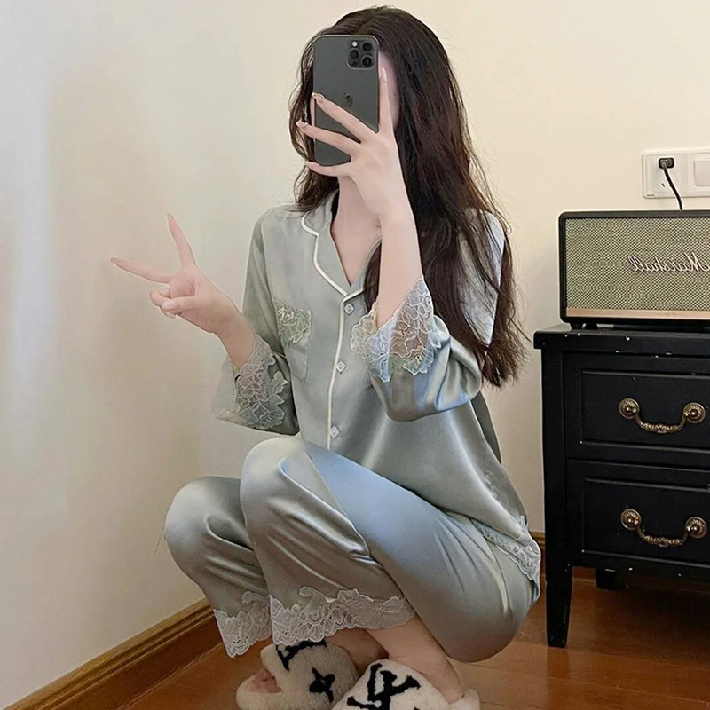 

Spring and Autumn New Women's Ice Silk Pajama Home Clothes Set Lace Splicing Pajama Home Clothes Long Sleeve Long Pants Set