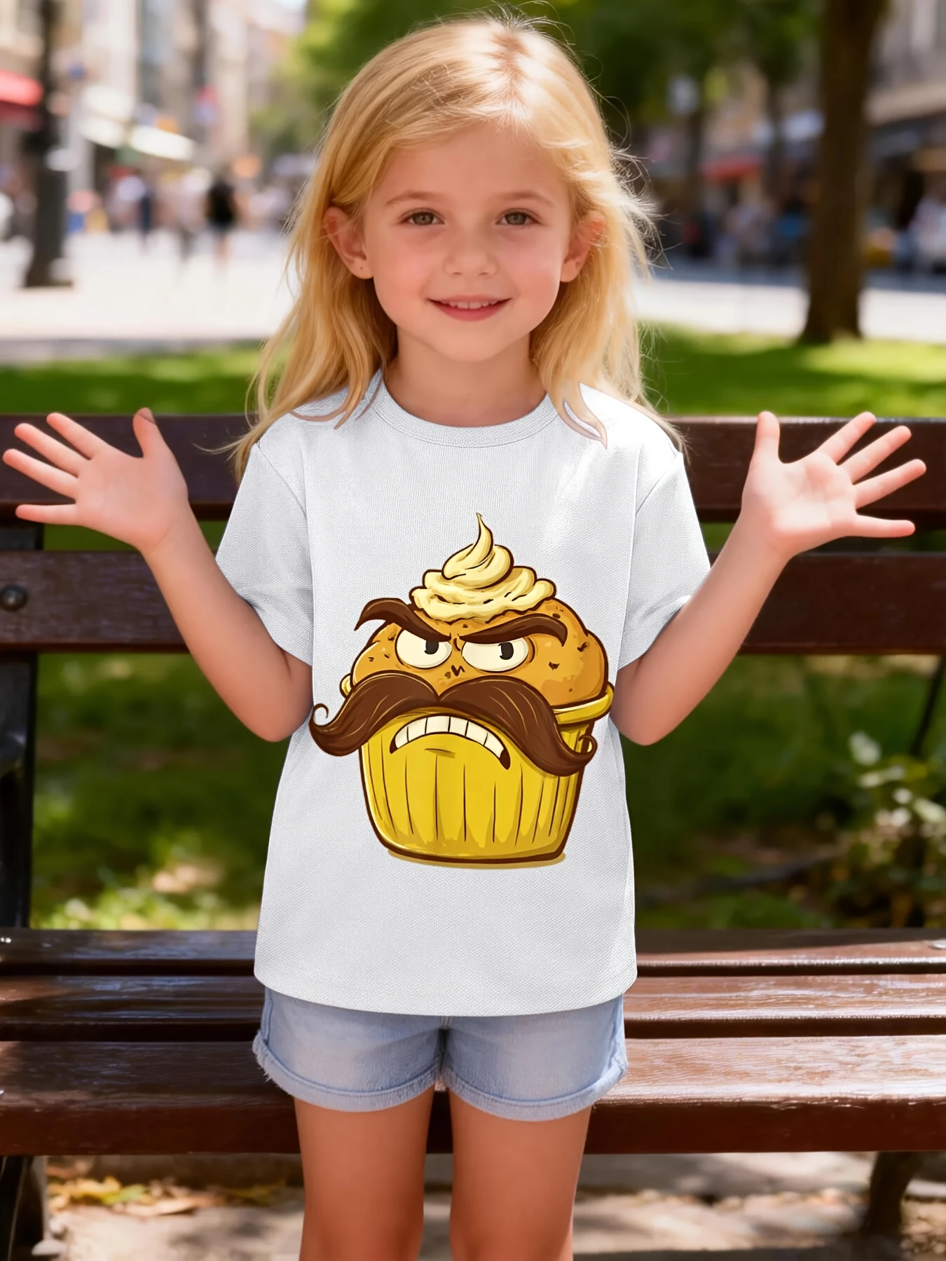Funny Grumpy Muffin With Mustache Cartoon Dessert Graphic Print T Shirt Family Matching Boys Girls Kids Casual Short Sleeve Tops