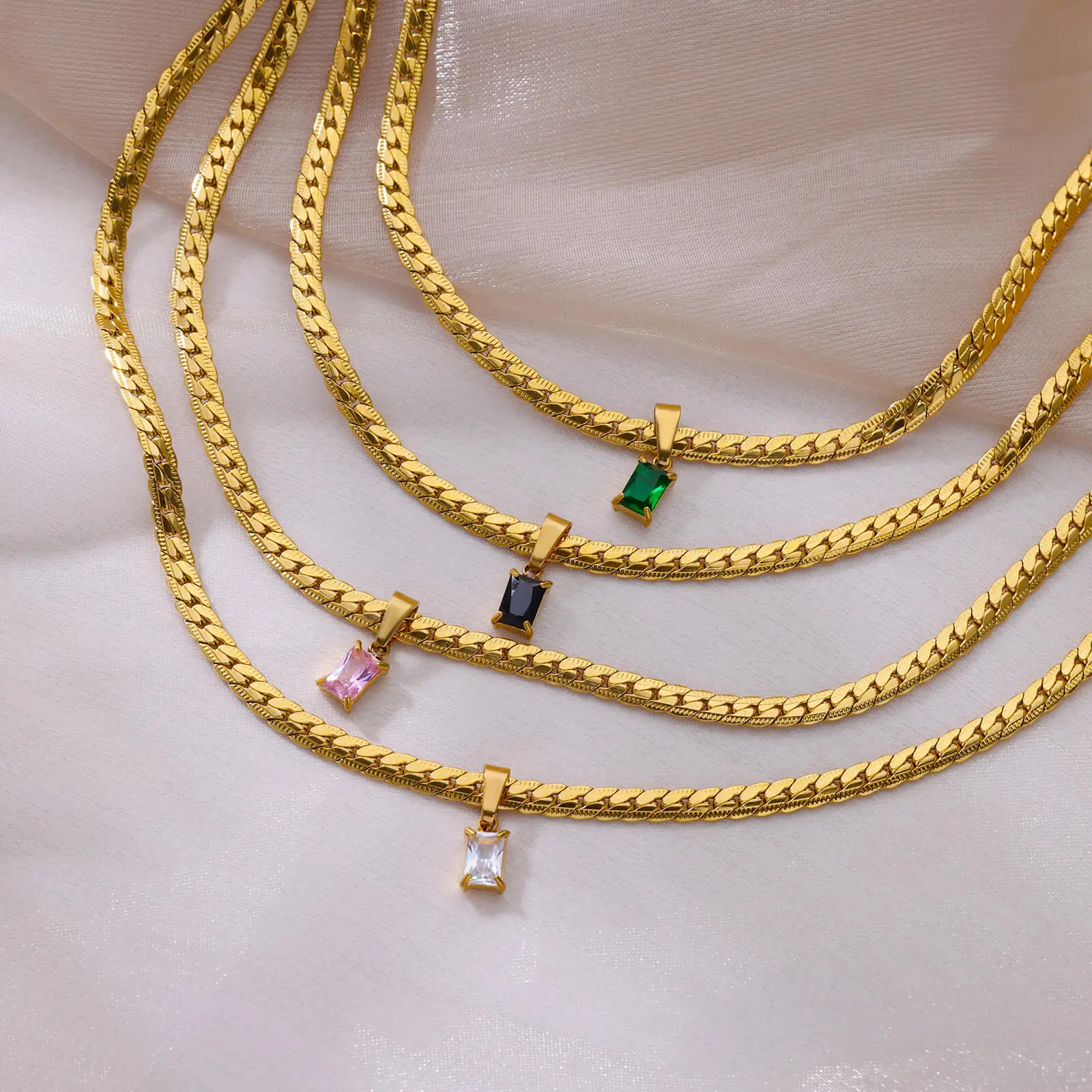 Green Cubic Zirconia Pendant Necklaces For Women Stainless Steel Chain Collar Necklace Fashion Temperament Jewelry