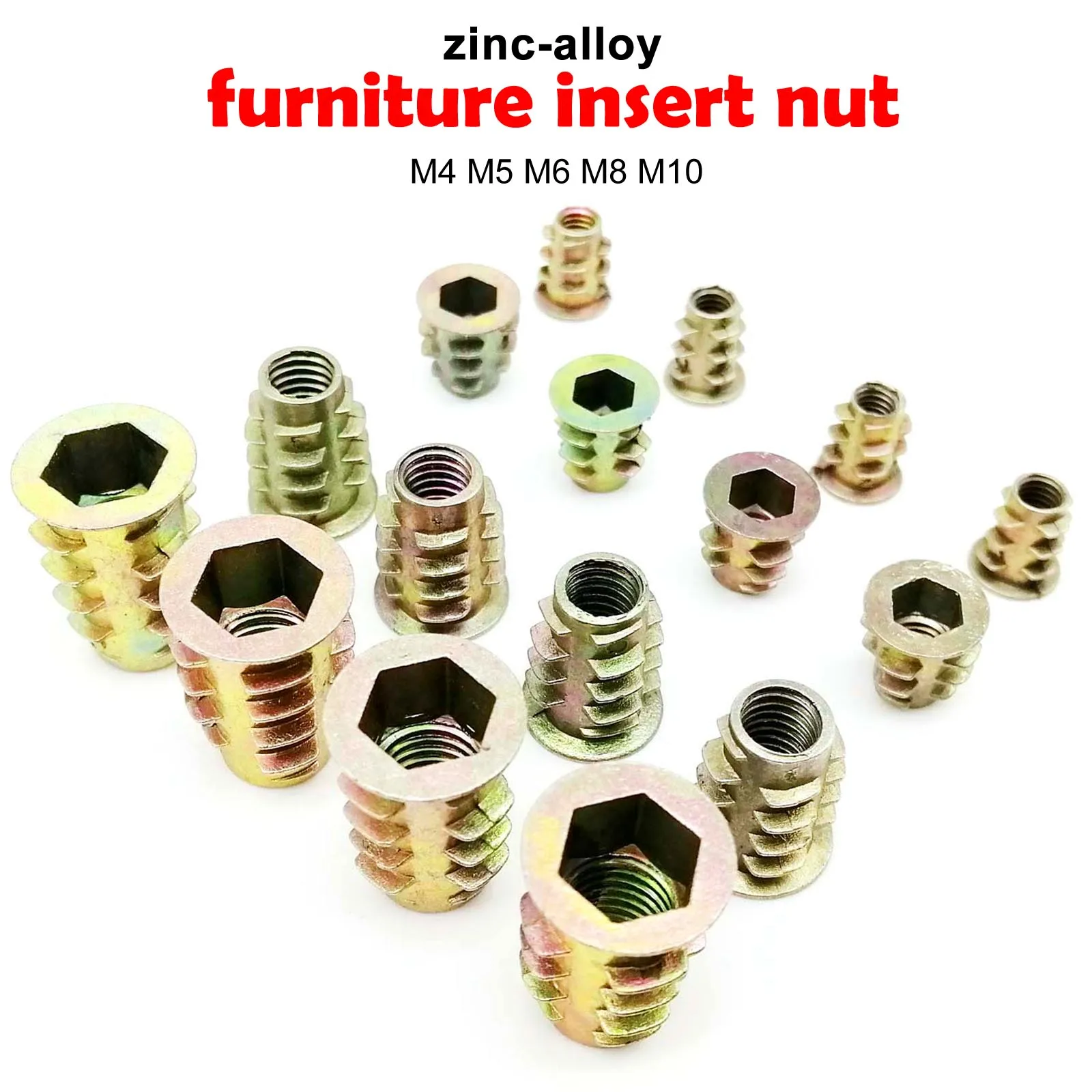 10 Uds M4 M5 M6 M8 M10 rosca Allen cabeza hueca hexagonal muebles de madera gabinete cama tuerca de inserción integrada longitud de tuerca electrónica = 8-25mm