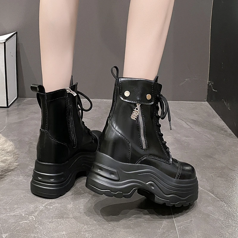 New Autumn Platform Ankle Boots 9CM High Heels Women Thick Sole Winter Leather Non-Slip Punk Shoes Chunky Motorcycle Boots Woman