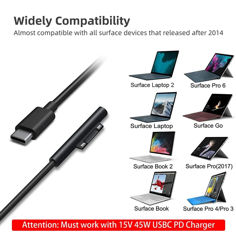 Kabel pengisian daya USB-C 15V/3A, kompatibel dengan Surface Pro 7/6/5/4/3 Go3/2/1 Laptop4/3/2/1 kabel pengisian daya melalui pengisi daya PD 45W