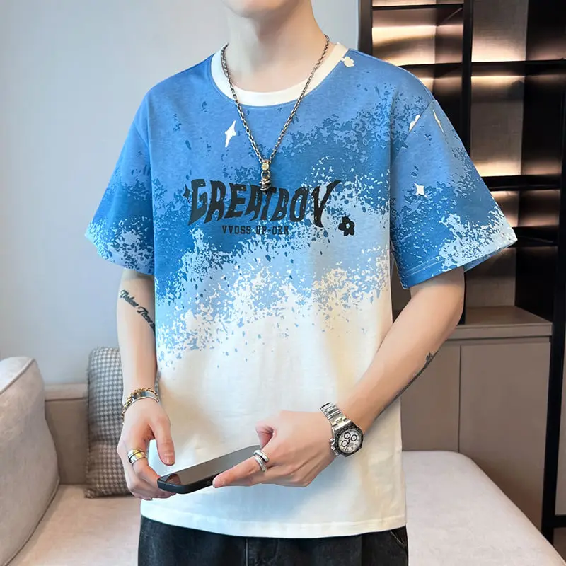 

Summer Gradient Letter Pullovers Chic Printed Loose Men's Clothing Short Sleeve Casual Spliced Young Style Round Neck T-shirts