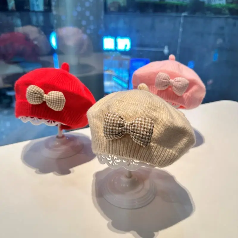 

Детские береты, зимняя шапка, трикотажные головные уборы в стиле ретро с бантом, Женская Ретро-шляпа, Корейская версия для осени и зимы