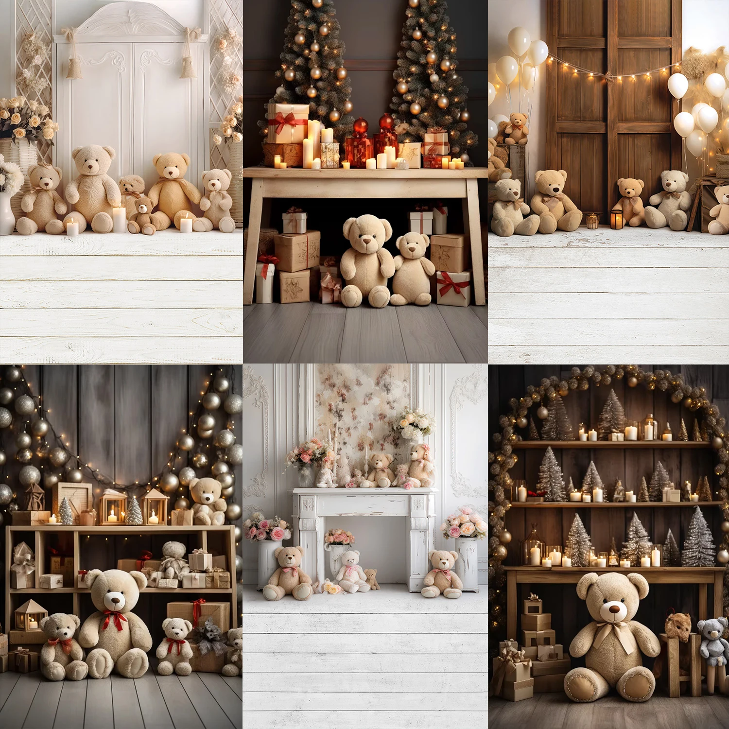 

Cute Bear Theme Flower Winter Christmas Wooden Floor Indoor Photography Background Kids Birthday Family Party Cake Decor Gift