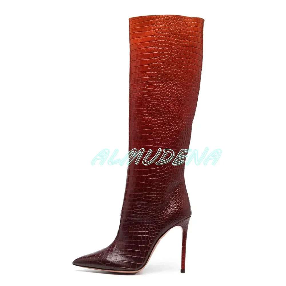 Crocodile Embossed High-heel Boots Luxury Ombre Color Pointed Toe Thin High Heels Slip-on Handcrafted Winter Women Boots 2025