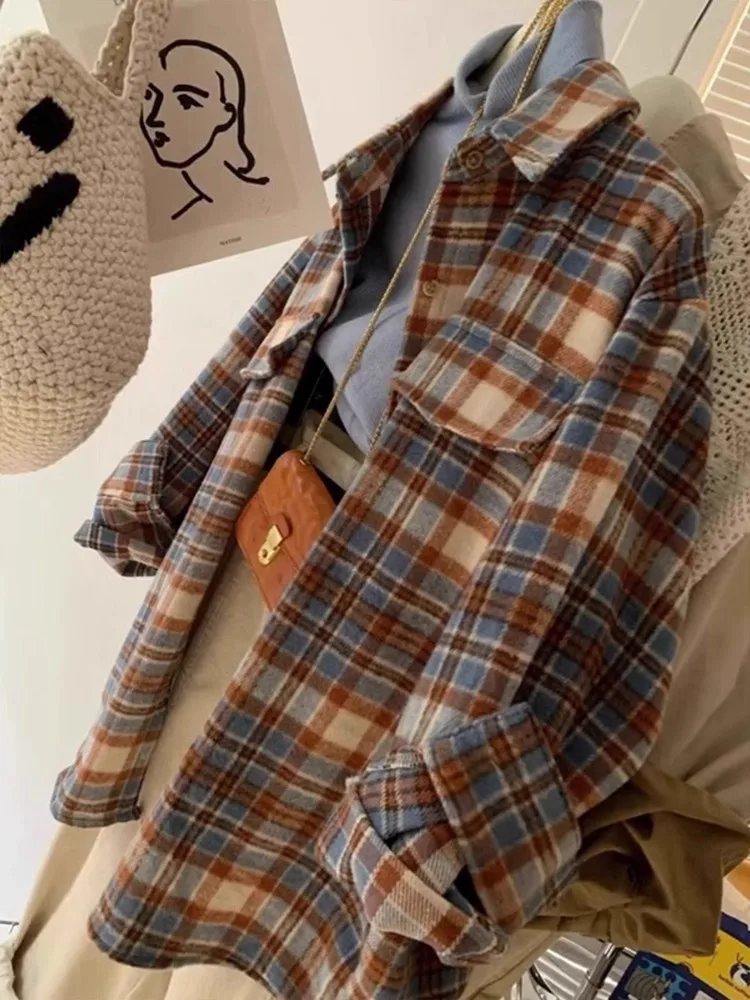 Retro British Style Plaid Loose Women's Shirt Coffee Color Casual Versatile Autumn Season Open Cardigan Style Standard Length