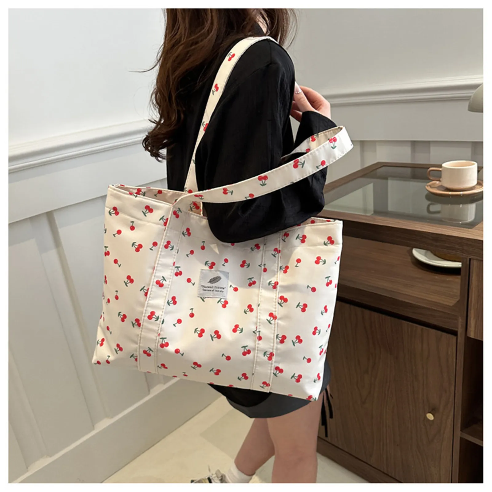 Sweet Cherry Casual Tote Bag Luxury Designer Large Capacity Shopping Bag Nylon Female Aesthetic Fruit Print Handbag for Women