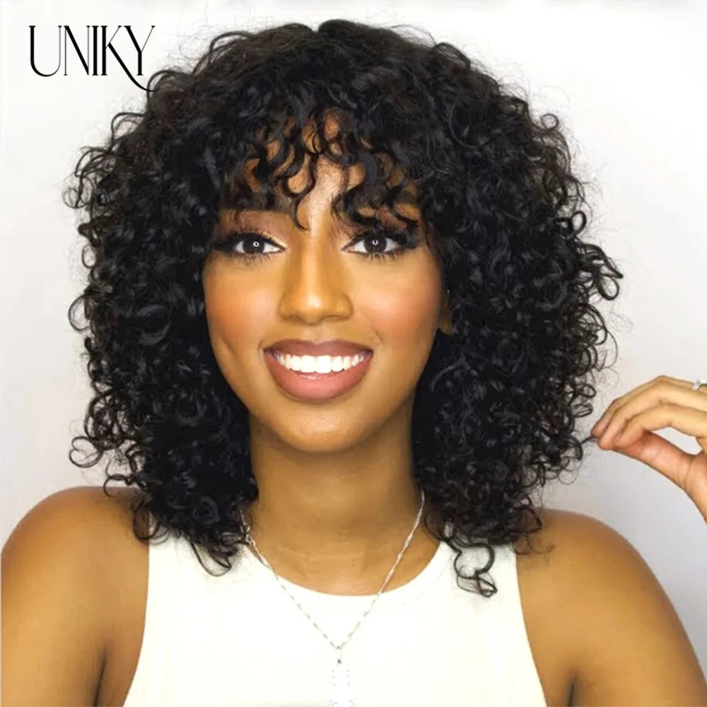 Afro Kinky Curly Scalp Top Wig with Bangs 180% Density Mongolian Remy Human Hair Wig Silk Top Full Machine Wigs Skin Base O Part