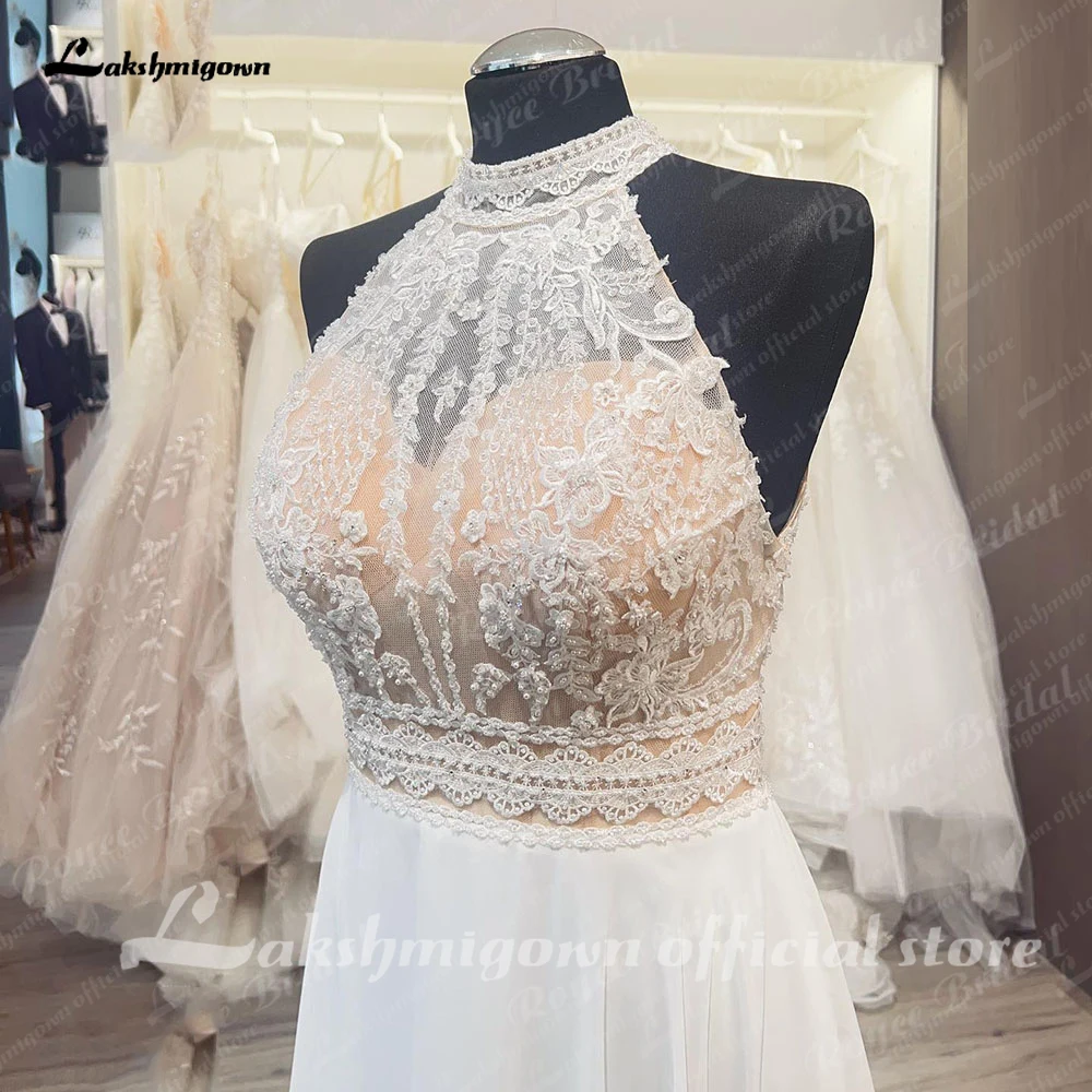 Lakshmigown Beach A Line Wedding Dress 2024 Lace Bodice Chiffon Halter Neck Women Backless Wedding Gown Vestido Novia