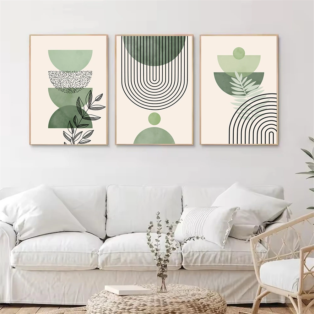 

Boho Sage Green Leaves Lines Geometric Posters And Prints Minimalist Abstract Wall Art Canvas Painting Modern Living Room Decor