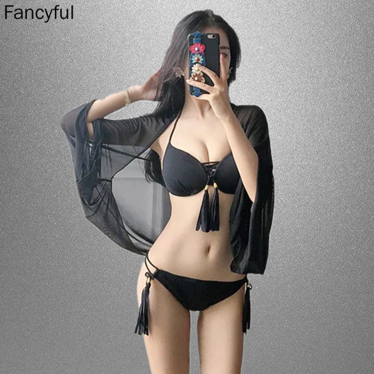 Sexy Black Swimsuit for Women Bikini 3pcs Set Lady Small Chest Gathering Underwire Split Belly Covering Swimsuit roupas feminina