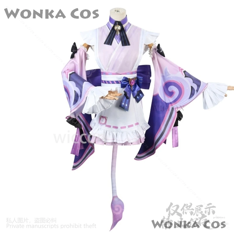 게임 Genshin Impact Yumemizuki Mizuki 코스프레 애니메이션 핑크 퍼플 메이드 복장 로리타 가발 모자를 쓰고 있죠 양말 귀걸이 소녀 용
