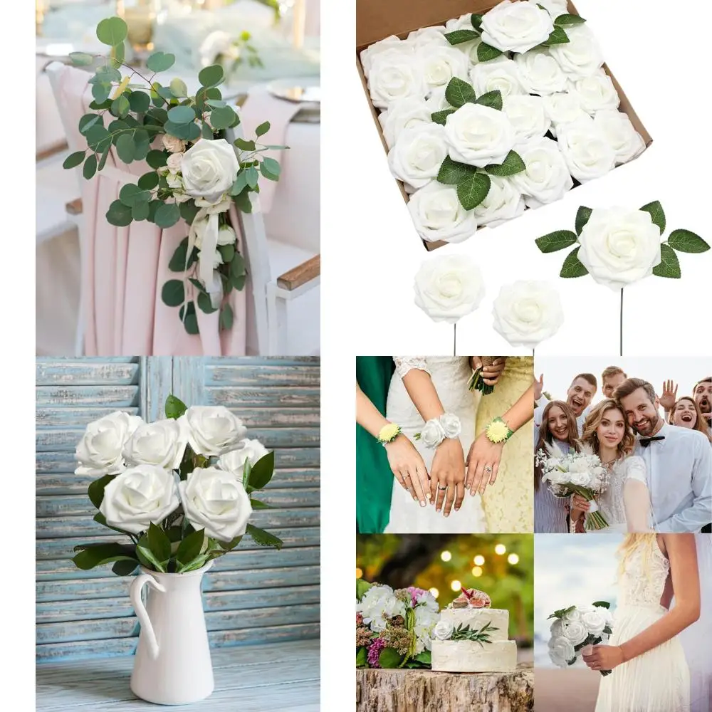 

200 шт. белые искусственные розы премиум-класса с стеблями для свадеб, букетов и домашнего декора