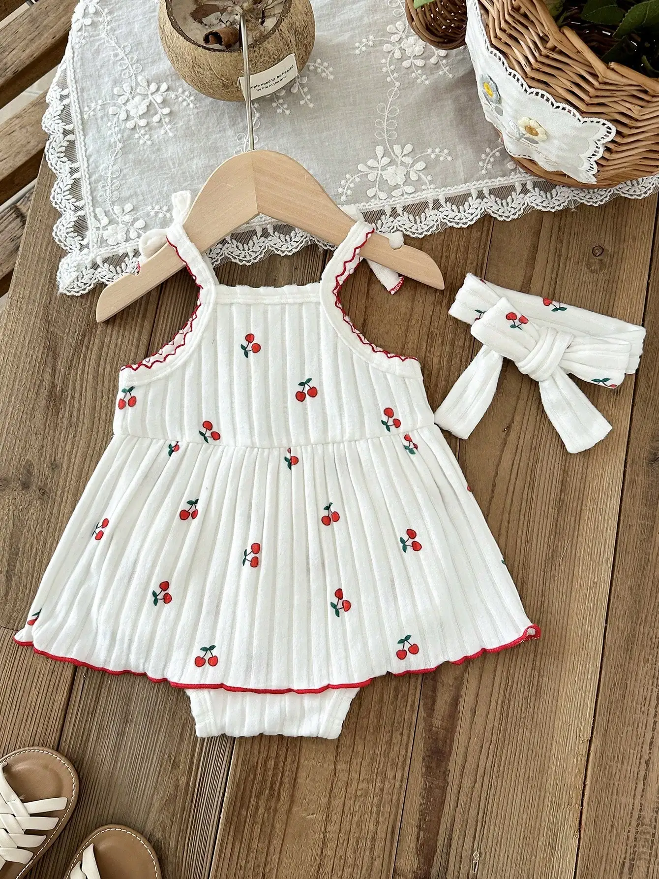 Cute Baby Girl Sleeveless Romper Cherry Graphic Dress with Matching Bow Headband