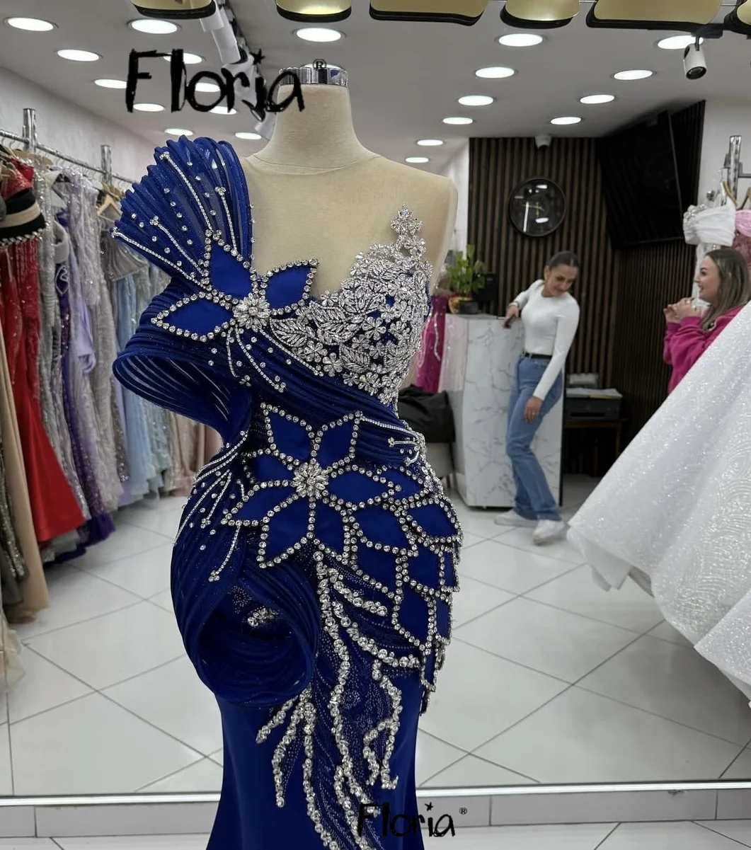 

One Shoulder Royal Blue Dress 3D Lace Flowers Satin Prom Party Gowns 2025 Wedding Events Dresses Crystals Red Carpet Runway Gown