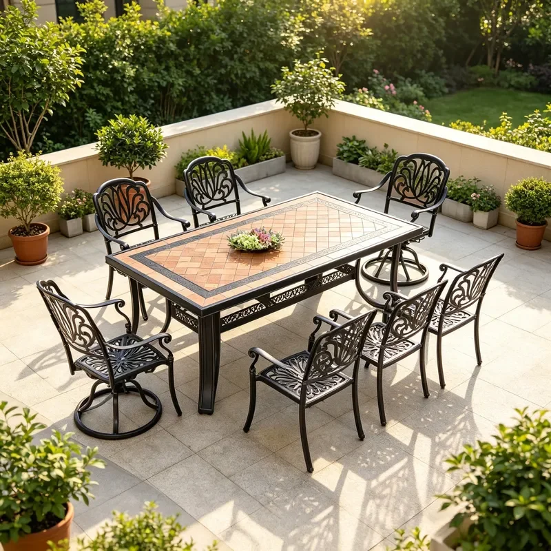 Outdoor Cast Aluminum Tile Table and Chair Set European Carved Courtyard Leisure Furniture with Rotating Chair