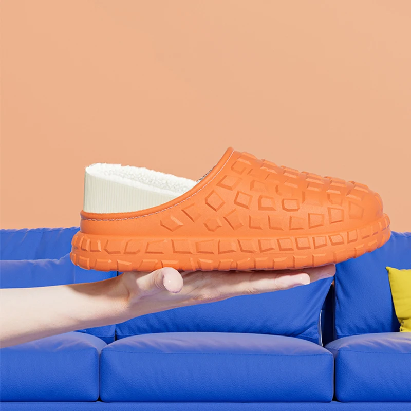 

2025 New Winter Slippers for Women Men - Warm Fleece Lined Non-Slip Thick Sole Clogs - Fashionable Orange & Multi-Color Indoor