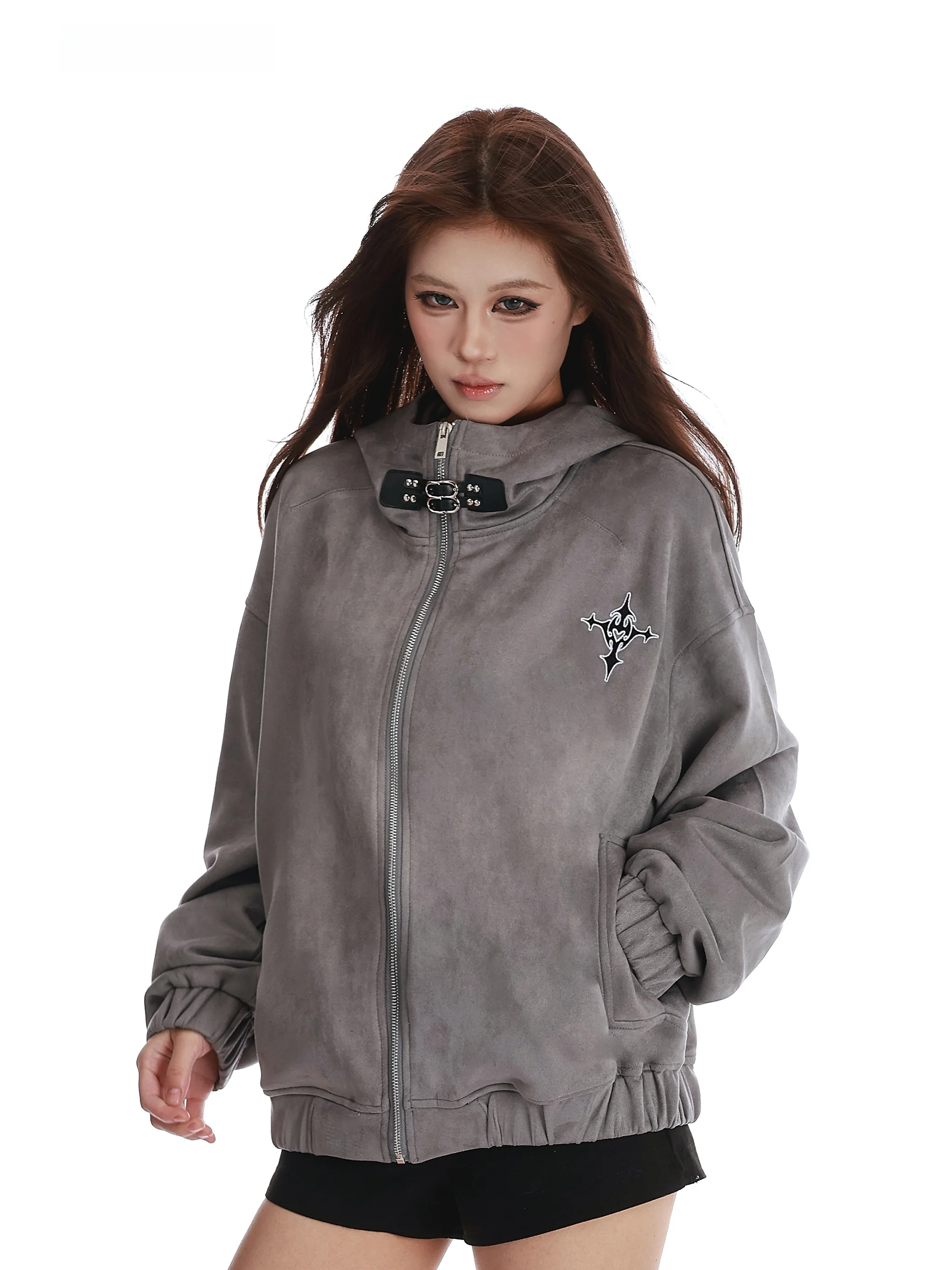 

Женская толстовка-куртка Vinmuk American Gothic свободного кроя с отстегивающимися кроличьими ушками, замшевое пальто в уличном стиле с длинными рукавами на молнии