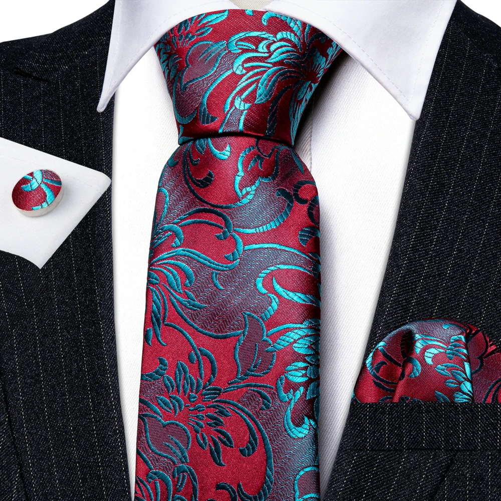 Fashion Silk Red Blue Teal Floral Men Tie Set Necktie Handkerchief Cufflinks Wedding Gift Barry. Wang Tie Pin Brooches A-6074